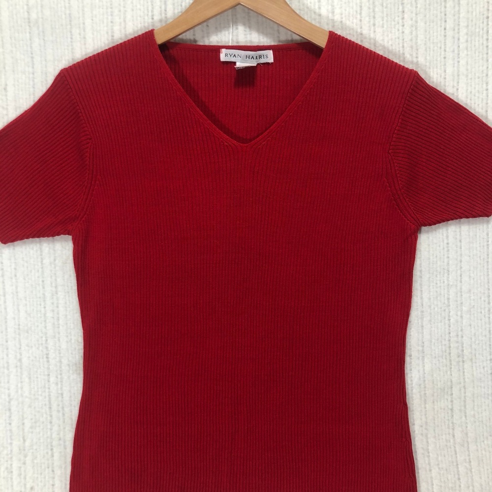 Ryan Harris Silk Knit Top V-Neck Short Sleeve Ribbed Red Shirt Size M
